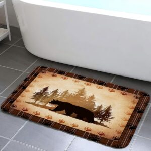 Rustic Cabin Lodge Bear Bath Rugs for Bathroom, Forest Animal Vintage Print Country Farmhouse Wooden Board Bathroom Rug Bath Mat Set Floor Mats, Hunting Camping Brown Doormat Outdoor Indoor 16X24in